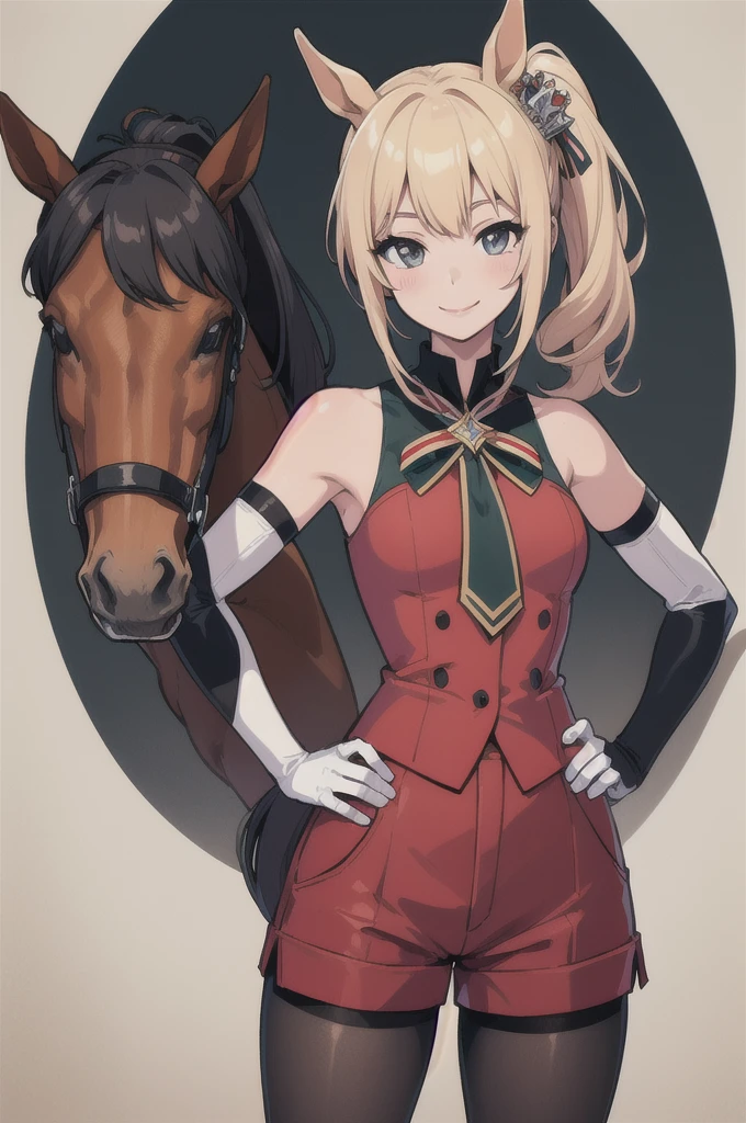 (masterpiece, best quality:1.2), solo, 1girl, satonocrown, smile, looking at viewer, hand on hip, side ponytail, horse ears, sleeveless, elbow gloves, shorts, pantyhose, horse tail, bare shoulders 
