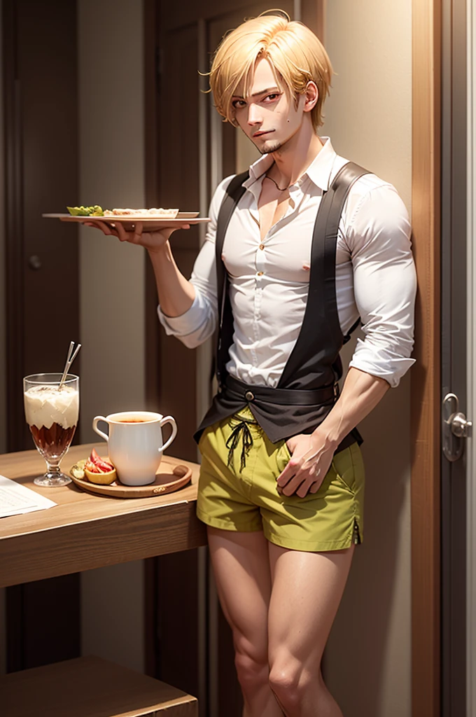 Sanji in a shirt and shorts with a tray in his hand 