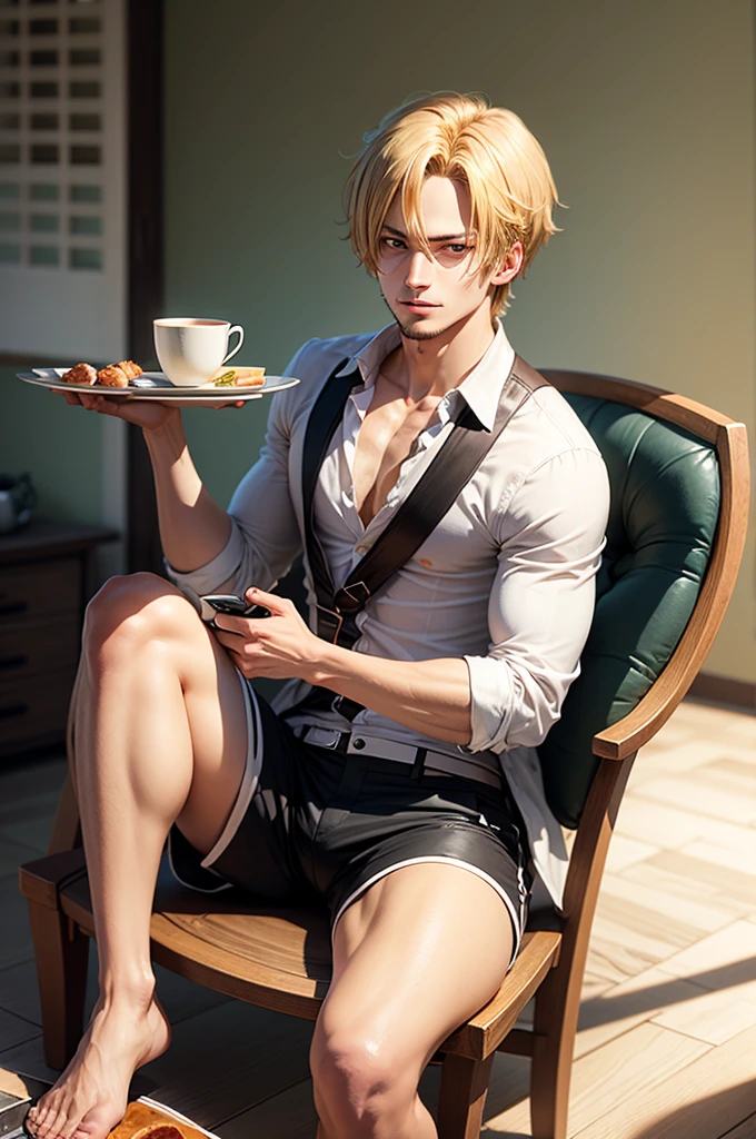 Sanji in a shirt and shorts with a tray in his hand