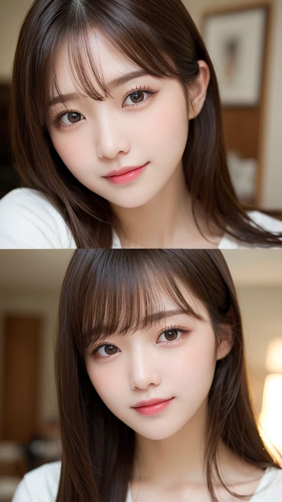 Tabletop, Highest quality, shape, Very detailed, finely, High resolution, 16K, Perfect dynamic composition, Straight hair, Medium Hair, Brown Hair,Natural color lip, smile, 20歳のgirl、cute、beautiful、完璧でbeautiful顔, beautiful and detailed face, Slim face and body, Elegant face, KPOP idol faces、Japanese idol faces、Small face、Big eyes, Brown eyes, Droopy eyes, 緻密でbeautiful目, girl, Front face, Upper Body, Random outfit