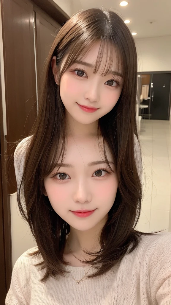 Tabletop, Highest quality, shape, Very detailed, finely, High resolution, 16K, Perfect dynamic composition, Straight hair, Medium Hair, Brown Hair,Natural color lip, smile, 20歳のgirl、cute、beautiful、完璧でbeautiful顔, beautiful and detailed face, Slim face and body, Elegant face, KPOP idol faces、Japanese idol faces、Small face、Big eyes, Brown eyes, Droopy eyes, 緻密でbeautiful目, girl, Front face, Upper Body, Random outfit