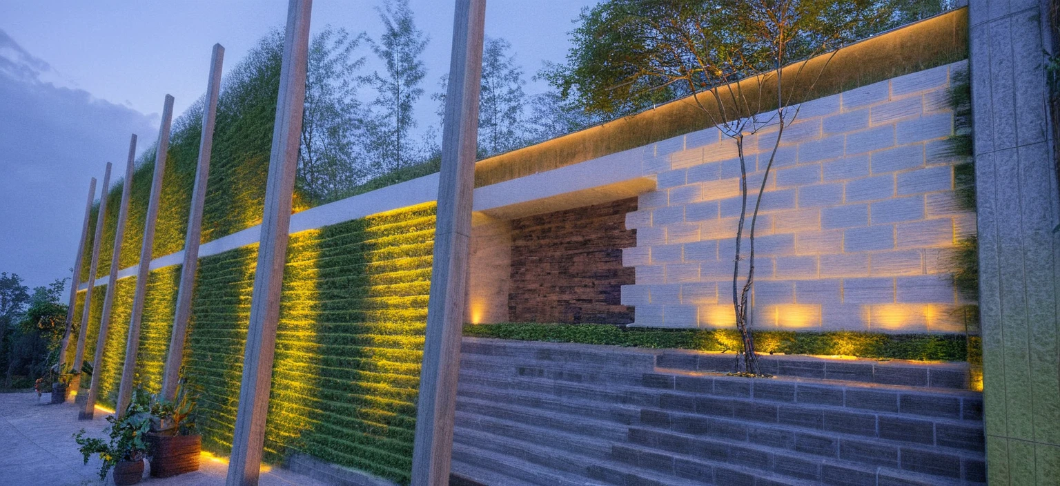 Masterpiece, high quality, best quality, authentic, super detail, outdoors, aiaigroup,wall extrance house style modern , white wall , pavement, grass, trees, dusk sky, cloud, (daylight:1.1)
