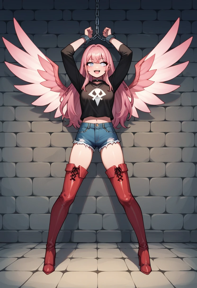 score_9, score_8_up, score_7_up, score_6_up, score_5_up, score_4_up, source_anime, 1girl,to lie, pink hair, long hair, white eyes, w-w-chain, spread arms, clean hair, black shirt, jeans shorts, thigh high boots,red boots, heels , dungeon, best quality, best res, 4K UHD,