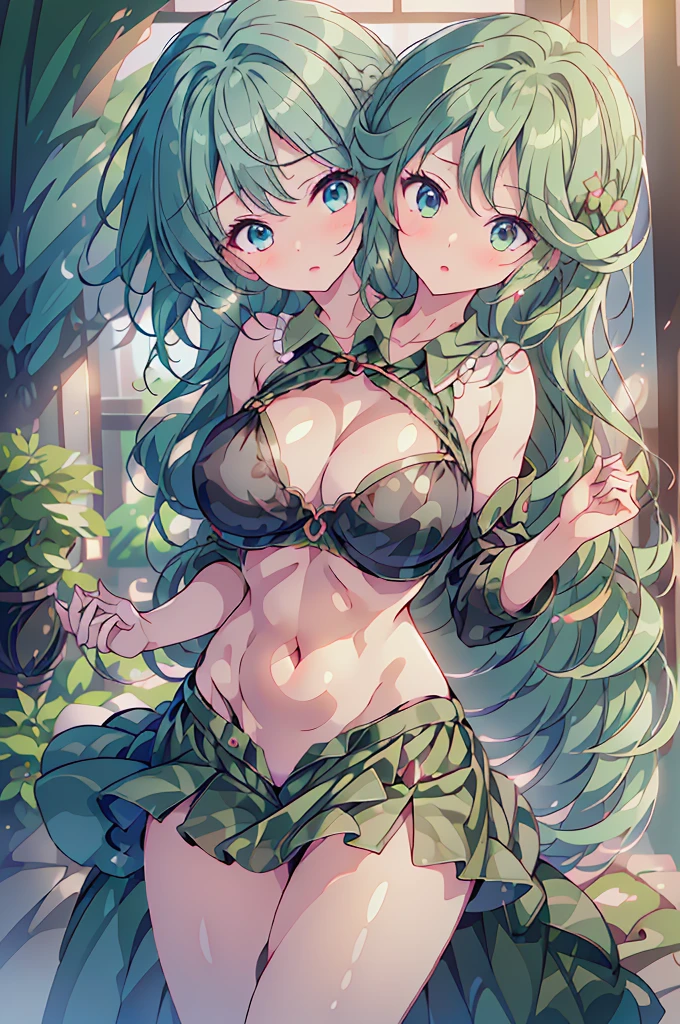 (masterpiece, best quality), best quality, best resolution, (ultra-detailed), (3heads:1.5), 1girl, (yamashiro takane:1.3), masterpiece, best quality, ultra quality, ultra resolution, green top, crop top, ((stomach)), midriff, ((groin)), green skirt, miniskirt, normal ears, shackles, green hair, very long hair, wavy hair, sidelocks, blue eyes, parted lips, single horn, sweat, cute, toned belly, hand on own chest, eyelashes, (24 year old woman:1.3), (masterpiece:1.5), (best quality:1.5), (beautiful detailed), extremely detailed CG, extremely delicate and beautiful, depth of field, (finely detailed face), (perfect details:1.2), (mature female:1.3), wide pelvis, slender, large veiny breast, 16k resolution, highres, high quality, high definition, extremely detailed, masterpiece, green hair, long hair, alluring presence, twin braid, short skirt, close up, very big tits, huge tits, young, green headwear, hat, camouflage,