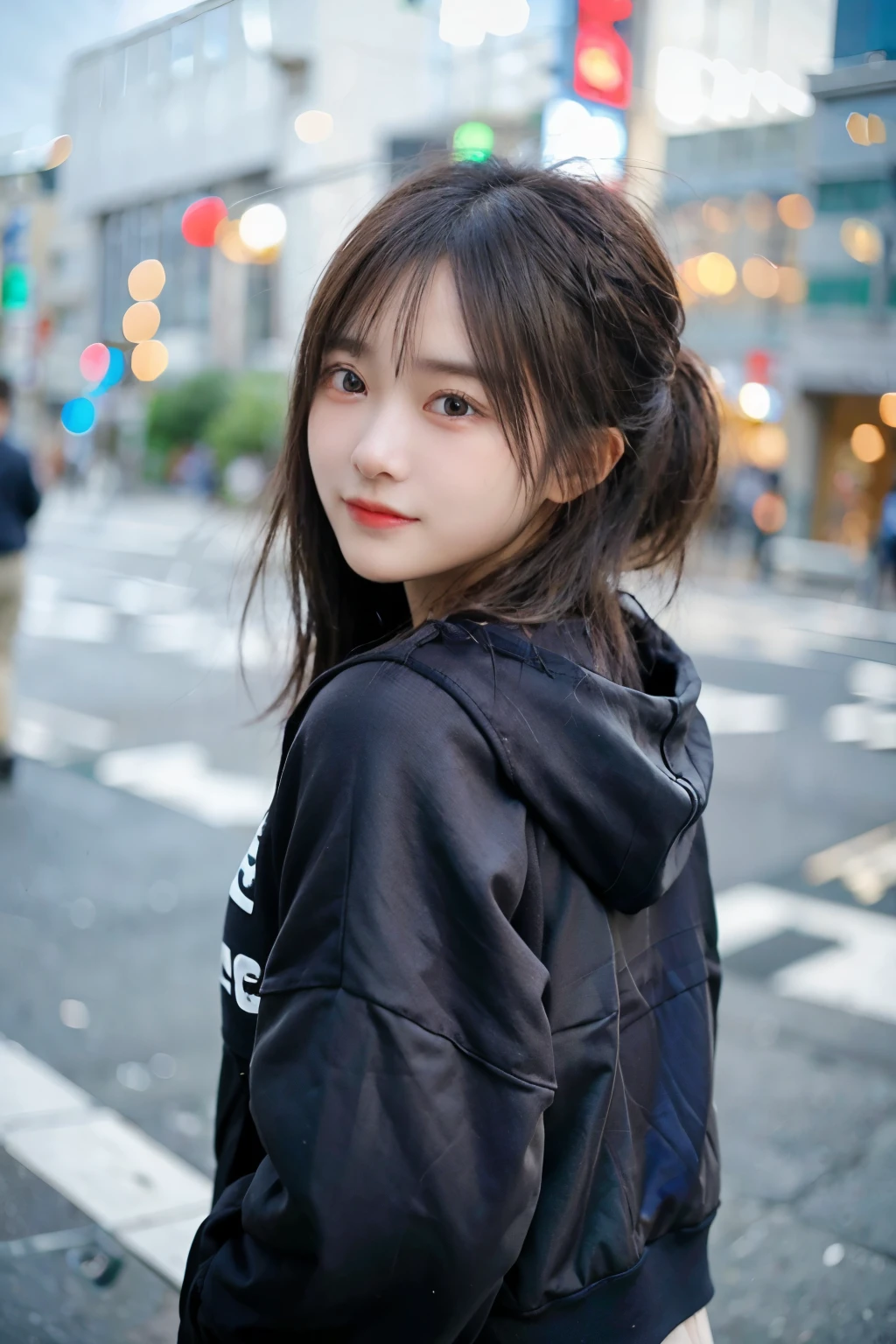 Back view、1 girl、hoodie、hoodie、Put on the hood、Tokyo Street、noon、Cityscape、City lights、Full Body Shot、Close-up、smile、8K、Raw photo、Highest quality、masterpiece、Realistic、Photorealistic