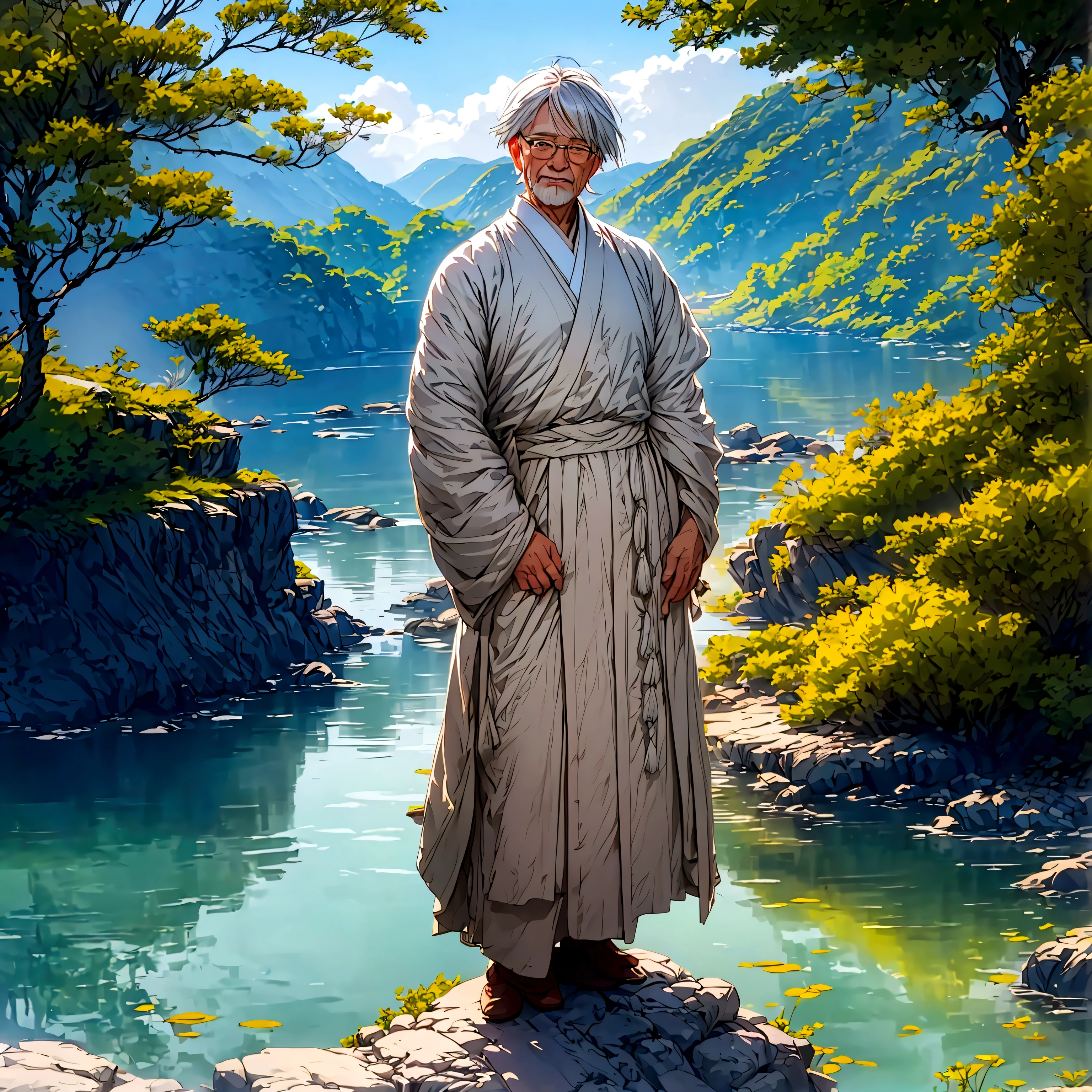 Create a high-quality anime-style image featuring an elderly man standing on a rocky cliff by the sea. The man has white hair, a beard, and is wearing round glasses. He is dressed in a white shirt, beige pants rolled up at the ankles, and white sneakers. His posture is relaxed, with his hands in his pockets, gazing thoughtfully into the distance.
The background consists of a clear blue sky filled with fluffy, white clouds. Below the cliff, there is a calm sea with boats and a small coastal village nestled at the foot of green, mountainous terrain. The scene captures a peaceful, reflective moment, with vibrant colors and detailed shading to emphasize the tranquil and contemplative atmosphere.
