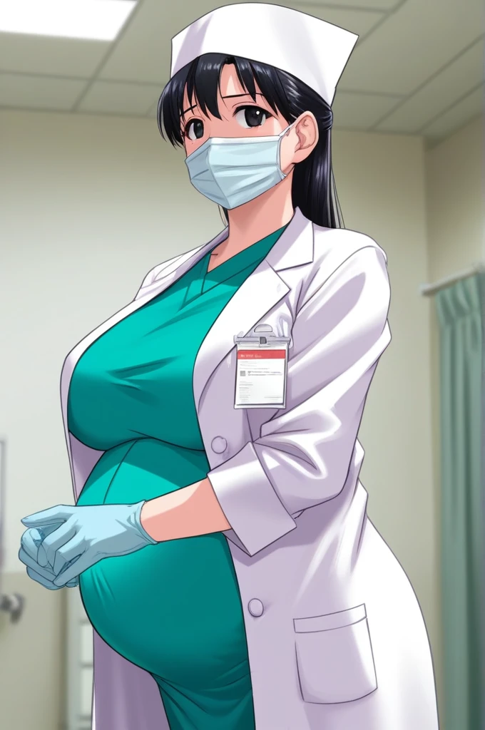 masterpiece, highest quality, (RAW photo, best quality), 1girl, pale skin, shy eyes, big breasts, pregnant, natural lighting, solo, upper body, hospital,
 ray kasugano, labcoat, (give a score of 9_give a score of 8_give a score of 7) long sleeve surgical gown, surgical cap, cover ears, surgical mask, surgical gloves, 