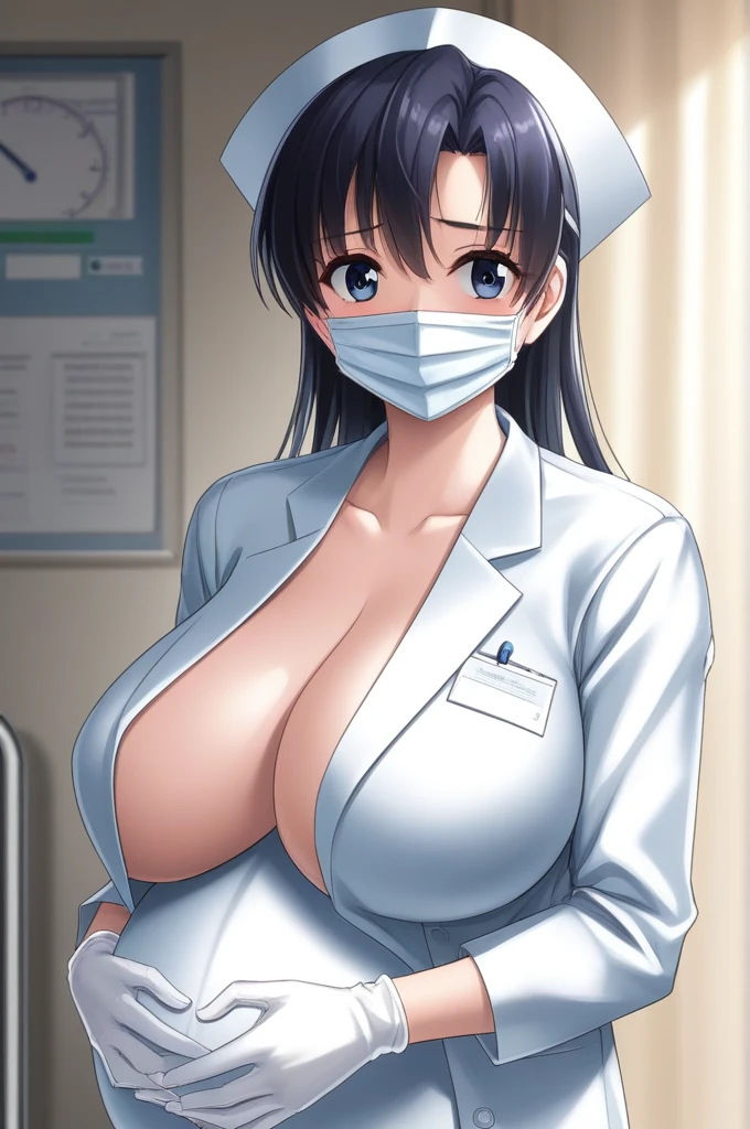 masterpiece, highest quality, (RAW photo, best quality), 1girl, pale skin, shy eyes, big breasts, pregnant, natural lighting, solo, upper body, hospital,
ray kasugano, labcoat, (give a score of 9_give a score of 8_give a score of 7) long sleeve surgical gown, surgical cap, cover ears, surgical mask, surgical gloves,
