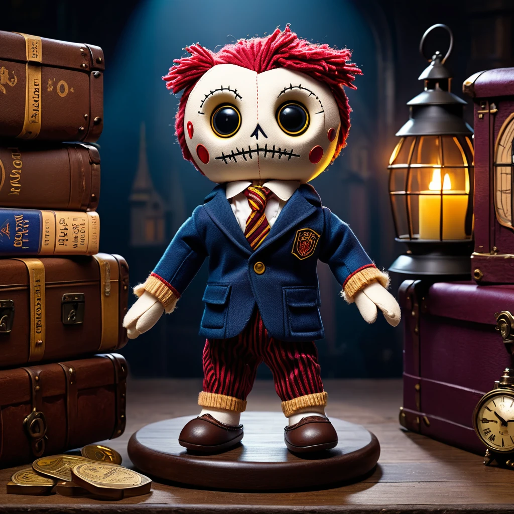 (knitted toy voodoo doll:1.5), (Voodoo on Platform 9¾:1.7), (Clothing: wizarding school uniform:1.0), (Accessories: enchanted trunk, glowing owl cage:1.1), (background: magical train platform with floating tickets, glowing steam, and a sense of wonder:1.2), best quality, masterpiece, detailed soft oil painting, detailed background, dramatic cinematic lighting, soft edge lighting, professional, dramatic lighting, hard edge lighting, ultra quality, 4k,masterpiece, best quality, 8k, ultra highres, highres, extremely detailed