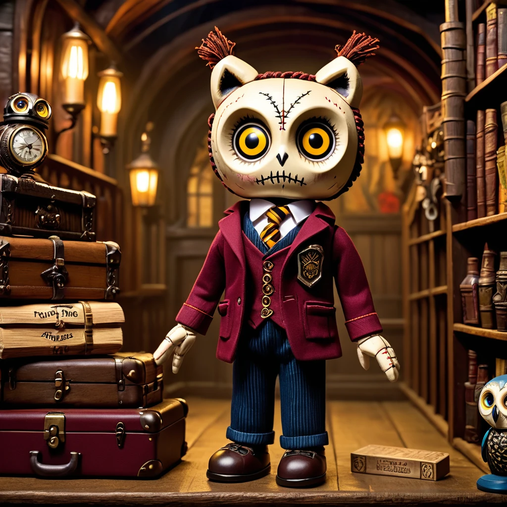(knitted toy voodoo doll:1.5), (Voodoo on Platform 9¾:1.7), (Clothing: wizarding school uniform:1.0), (Accessories: enchanted trunk, glowing owl cage:1.1), (background: magical train platform with floating tickets, glowing steam, and a sense of wonder:1.2), best quality, masterpiece, detailed soft oil painting, detailed background, dramatic cinematic lighting, soft edge lighting, professional, dramatic lighting, hard edge lighting, ultra quality, 4k,masterpiece, best quality, 8k, ultra highres, highres, extremely detailed