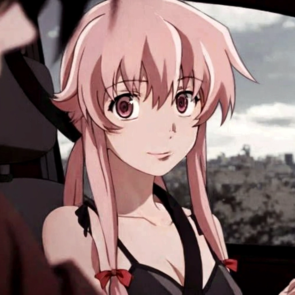 anime girl with pink hair sitting in a car looking at a man, mirai nikki, in the anime film, gasai yuno from mirai nikki, anime girl named gasai yuno from mirai nikki, seductive anime girl, gapmoe yandere, anime style like mirai nikki, an anime girl, female anime character, gasai yuno, gasai yuno, gasai yuno from mirai nikki as an anime character, gasai yumo