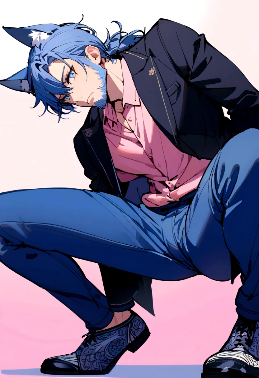 Male blue wolf with hairy squatting legs, open pose, blue jeans and pink shirts, black jacket, pink blue gradient background, blue eyes