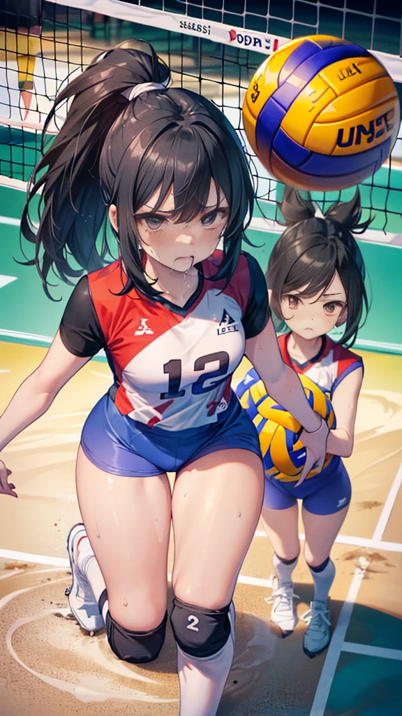 (((masterpiece))), (((Highest quality))), (((Ultra Detailed Art))), (((High resolution))),Glare、cum in mouth、Close-up of face、 Glare、Frowning((Ultra-thin illustration)), ((Kneel)), ((Small breasts、Black Hair、ponytail))、Beautiful face in every detail, Shiny Hair, , Slender, ((Thin thighs)), (((alone))), (((Female volleyball player))),  (tears、drool), 
 break, (((Holding a dirty, round, 6-inch volleyball in his arms))), Put your hands on your hips, 
break, (((Bloomers))), (Volleyball Uniforms), No sleeve, (Knee pads),  (bare hands), ((Sweat)), ((Sweatまみれ)), (shortness of breath), On the volleyball court, In high school, Lighting, From above, Looking up((Look at the viewers))