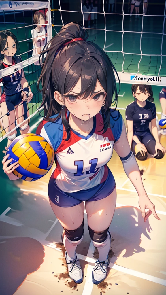 (((masterpiece))), (((Highest quality))), (((Ultra Detailed Art))), (((High resolution))),Glare、cum in mouth、Close-up of face、 Glare、Frowning((Ultra-thin illustration)), ((Kneel)), ((Small breasts、Black Hair、ponytail))、Beautiful face in every detail, Shiny Hair, , Slender, ((Thin thighs)), (((alone))), (((Female volleyball player))),  (tears、drool), 
 break, (((Holding a dirty, round, 6-inch volleyball in his arms))), Put your hands on your hips, 
break, (((Bloomers))), (Volleyball Uniforms), No sleeve, (Knee pads),  (bare hands), ((Sweat)), ((Sweatまみれ)), (shortness of breath), On the volleyball court, In high school, Lighting, From above, Looking up((Look at the viewers))