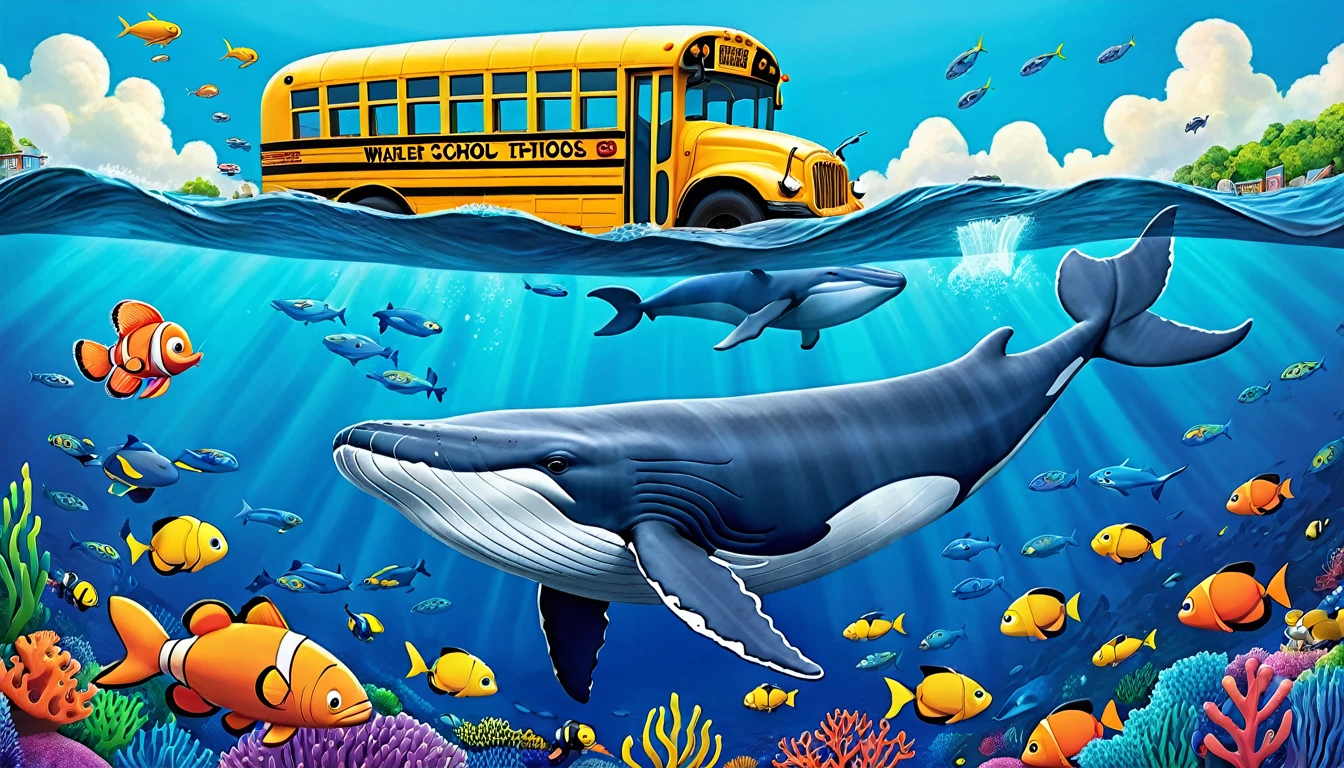 Create a 3-D Pixar style art scene for kids featuring a blue whale swimming beside three school buses for size comparison. The scene should be colorful and vibrant, with an ocean background, coral reefs, and schools of fish. The overall mood should be engaging and inviting for young children.