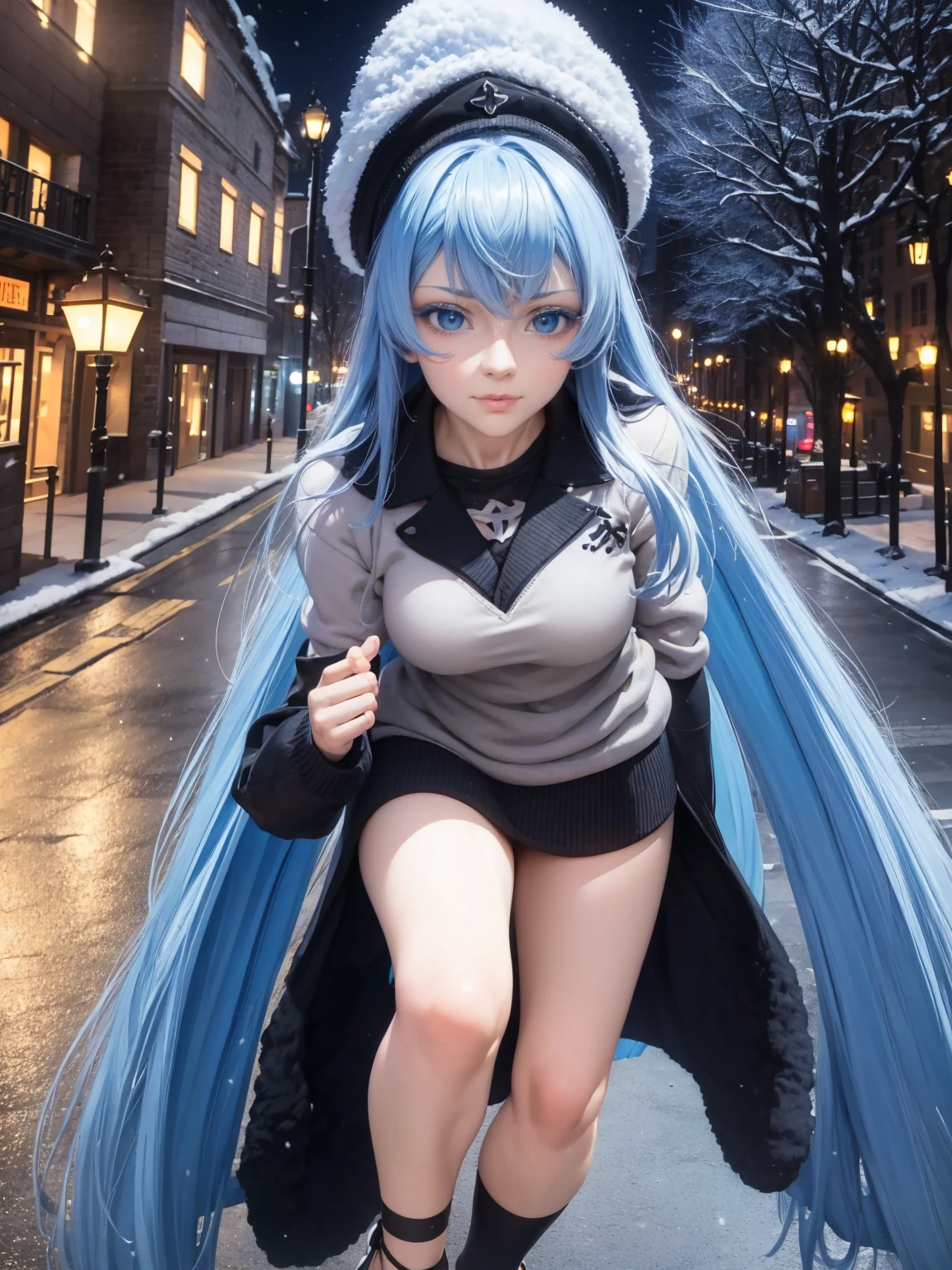 a girl with long blue hair, blue eyes, blue eyelashes, big breasts, white sweatshirt with a hat, walking, upset, on a street in Russia, snowing heavily, at night, (best quality,4k,8k,highres,masterpiece:1.2),ultra-detailed,(realistic,photorealistic,photo-realistic:1.37),HDR,UHD,studio lighting,extreme detail description,vivid colors,portrait,dramatic lighting,cold color tone