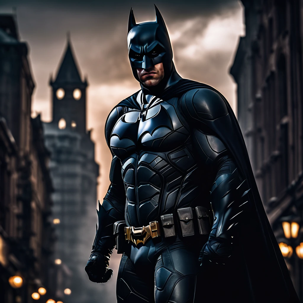 a dark knight in a gothic city,batman,superhero,dark fantasy,moody lighting,dramatic pose,ultra detailed,8k,highly detailed,cinematic,photorealistic,dramatic lighting,dark colors,gritty,gloomy,brooding,intense expression,cape flowing,gotham city background,detailed facial features,muscular physique,dynamic action pose