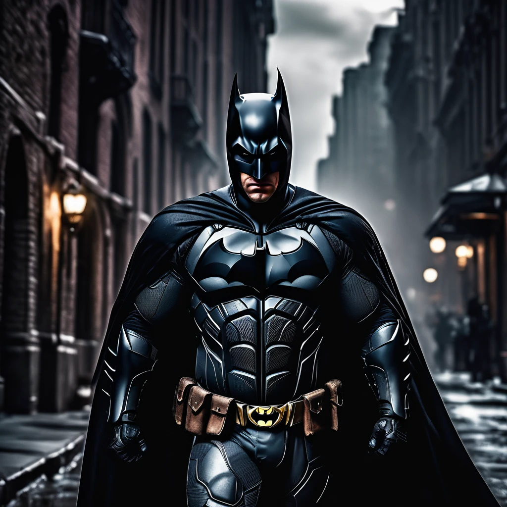 a dark knight in a gothic city,batman,superhero,dark fantasy,moody lighting,dramatic pose,ultra detailed,8k,highly detailed,cinematic,photorealistic,dramatic lighting,dark colors,gritty,gloomy,brooding,intense expression,cape flowing,gotham city background,detailed facial features,muscular physique,dynamic action pose