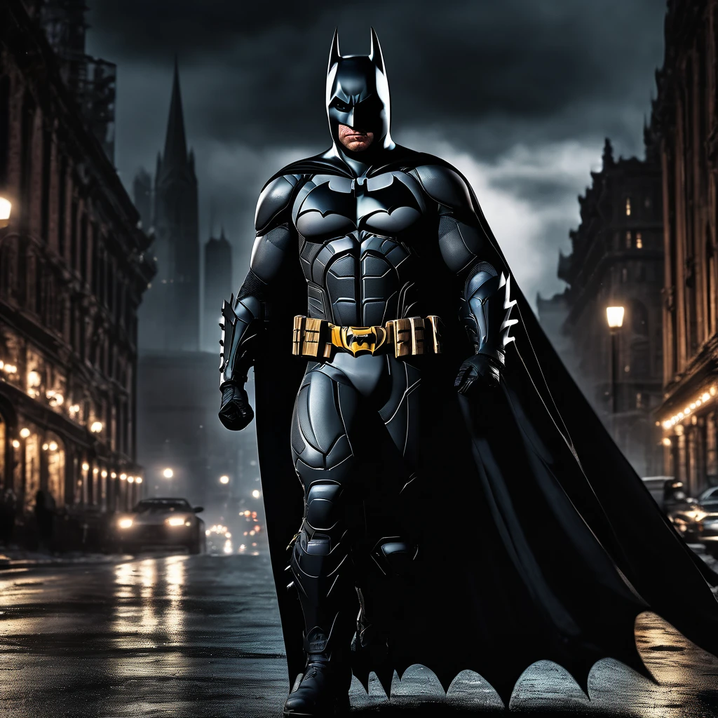 a dark knight in a gothic city,batman,superhero,dark fantasy,moody lighting,dramatic pose,ultra detailed,8k,highly detailed,cinematic,photorealistic,dramatic lighting,dark colors,gritty,gloomy,brooding,intense expression,cape flowing,gotham city background,detailed facial features,muscular physique,dynamic action pose