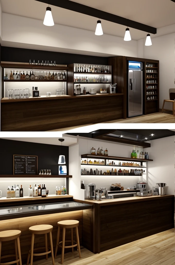 Create an image of a 3 meter wide cafe and bar counter 2.30 high in a country location with refrigerator on the left side and espresso machine on the right side, with electric lighting, without seats