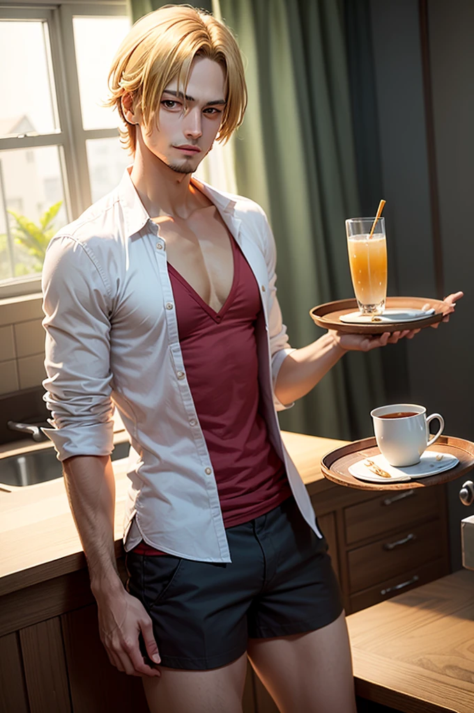 Sanji in a shirt and shorts with a tray in his hand, male