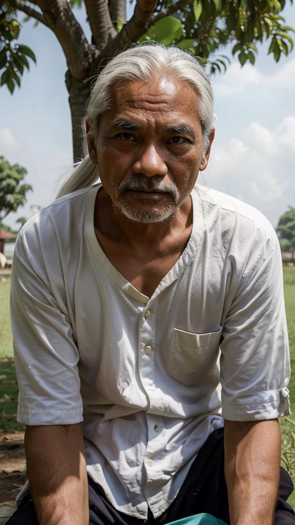 Old man from Indonesia aged 45 years, no mustache, no beard, long hair tied at the back, partly white hair, was sitting under a tree