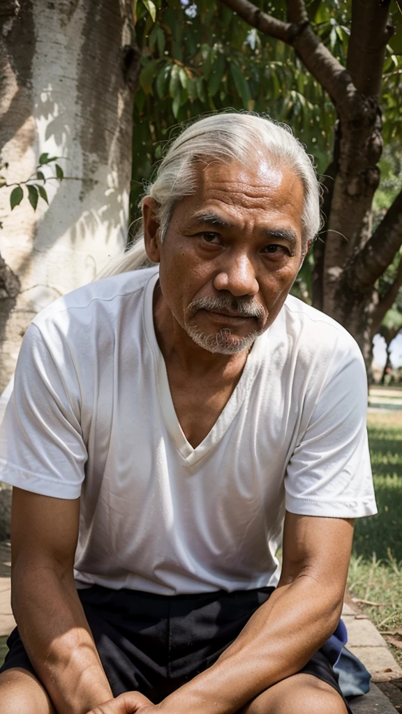 Old man from Indonesia aged 45 years, no mustache, no beard, long hair tied at the back, partly white hair, was sitting under a tree