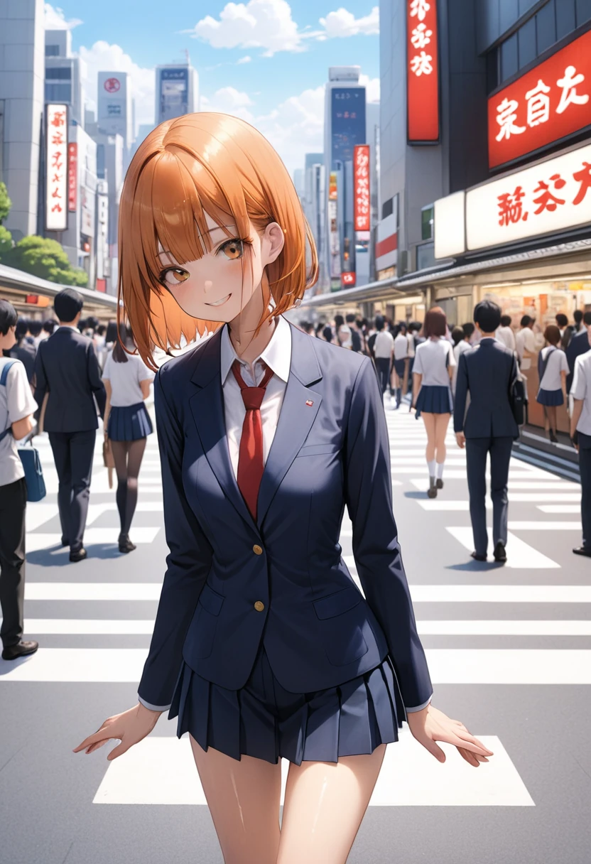 ((masterpiece,Highest quality:1.3,best quality illustration)),cowboy shot,1woman,16-year-old Japan beauty,((very small head:1.4)),short bob hair,bangs,(orange hair),brown eyes,gorgeous eyes,blush,smile,medium breasts,((very long body)),(School uniform,Navy blue blazer、Red tie、White Shirt、Navy blue pleated mini skirt),(toned body,slender body,skinny),gleaming skin,shiny skin,oily skin,standing,Shibuya Station、Tokyo