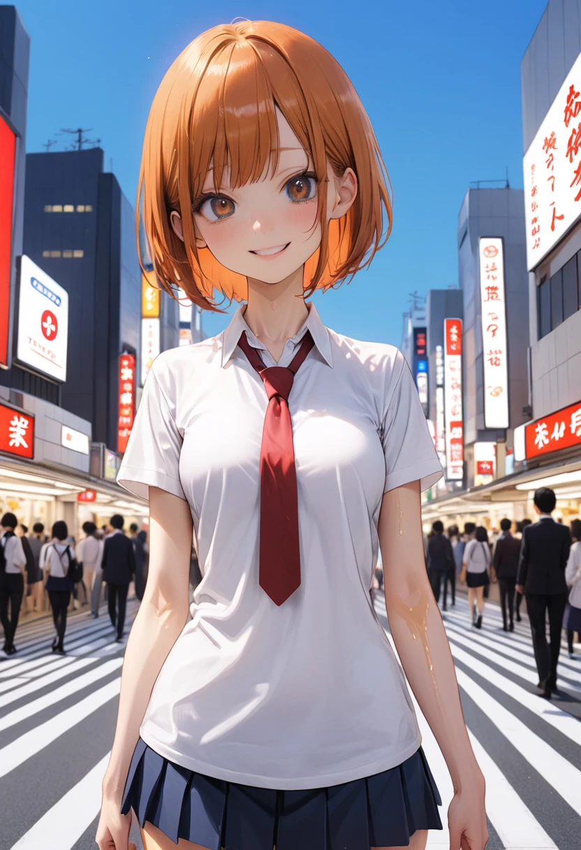 ((masterpiece,Highest quality:1.3,best quality illustration)),cowboy shot,1woman,16-year-old Japan beauty,((very small head:1.4)),short bob hair,bangs,(orange hair),brown eyes,gorgeous eyes,blush,smile,medium breasts,((very long body)),(School uniform,Navy blue blazer、Red tie、White Shirt、Navy blue pleated mini skirt),(toned body,slender body,skinny),gleaming skin,shiny skin,oily skin,standing,Shibuya Station、Tokyo