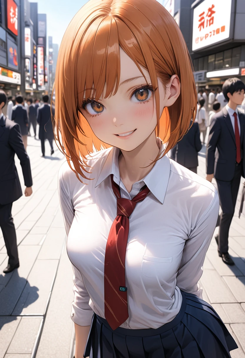 ((masterpiece,Highest quality:1.3,best quality illustration)),cowboy shot,1woman,16-year-old Japan beauty,((very small head:1.4)),short bob hair,bangs,(orange hair),brown eyes,gorgeous eyes,blush,smile,medium breasts,((very long body)),(School uniform,Navy blue blazer、Red tie、White Shirt、Navy blue pleated mini skirt),(toned body,slender body,skinny),gleaming skin,shiny skin,oily skin,standing,Shibuya Station、Tokyo