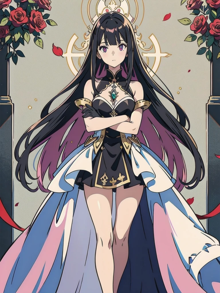 ONE GIRL ON PICTURE, ONE PERSON ON PICTURE, GIRL IN SHINY SILVER DIAMOND DRESSairy, bravely default, black gloves, high heels,  FernFrieren, very long hair, heterochromia  eyes, different coloured left and right eyes, red right eye, and purple left eye, each other eye is coloured another  different, red or purple colour, (gold pupils), looking down, straight-on, expressionless, crossed arms, standing, looking at viewer, large breasts,, ultra detailed, masterpiece, best quality, aesthetic, detailed, 
By golden pink leafs and by golden pink,red, /silver green and rose pink flowers ornamented dress
Straight silver bangs and hair, straight smoth long hair, straight cutted smooth hairstyle, bangs and so one side bangs
