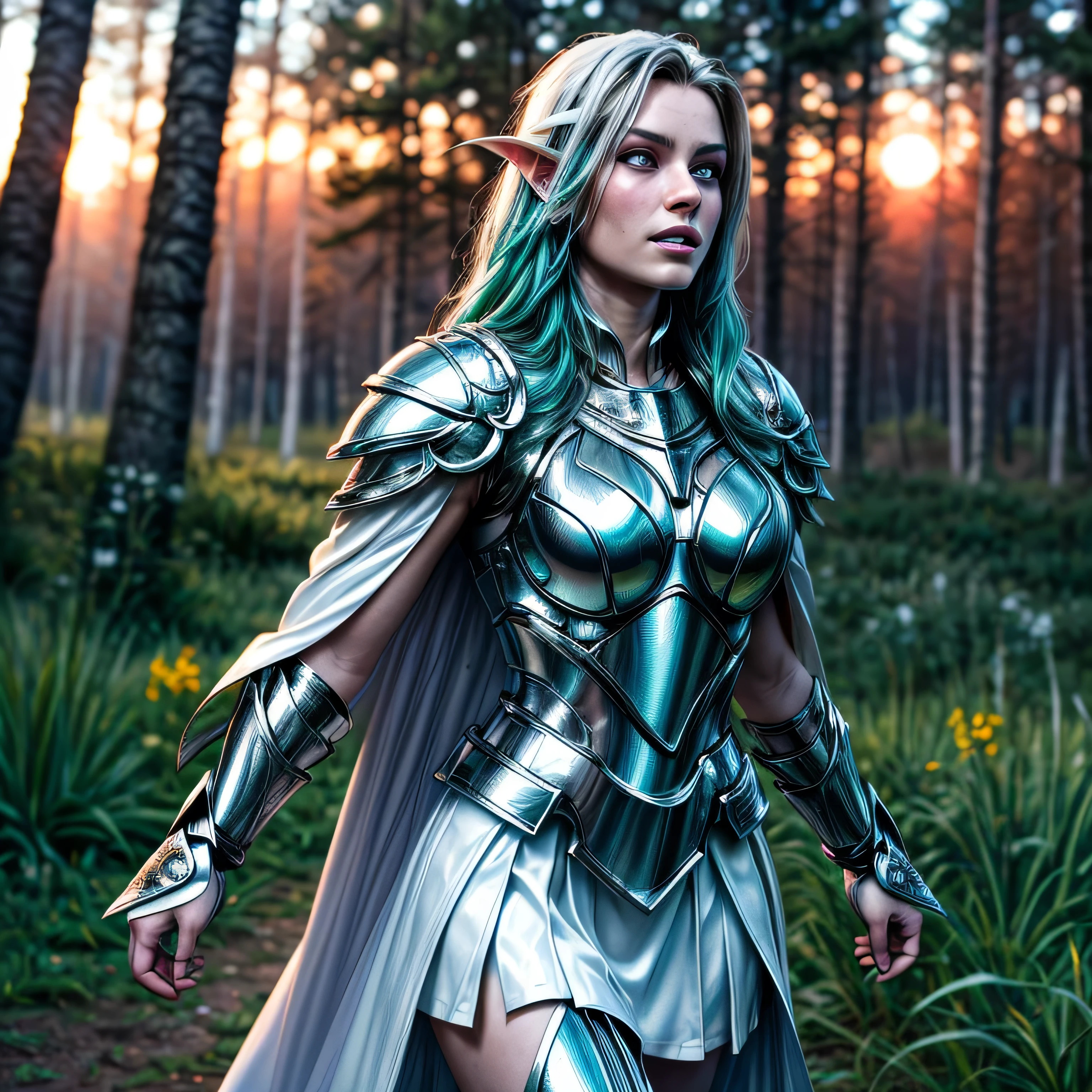 (masterpiece, photorealistic:1.4, extremely intricate:1.3), (photon mapping, radiosity, physically based rendering, ultra resolution, hyper-realistic, 8K), age supermodel twin braids, glowing eyes, tyrande, (((((white chrome armor, white cape, pauldrons)), running), [large breasts:medium breasts:0.3], [skin detail:freckles:0.8])), forest, background outdoor, flowers, glowing butterflies, bokeh, sunset, [aqua hair:blonde hair:0.8]