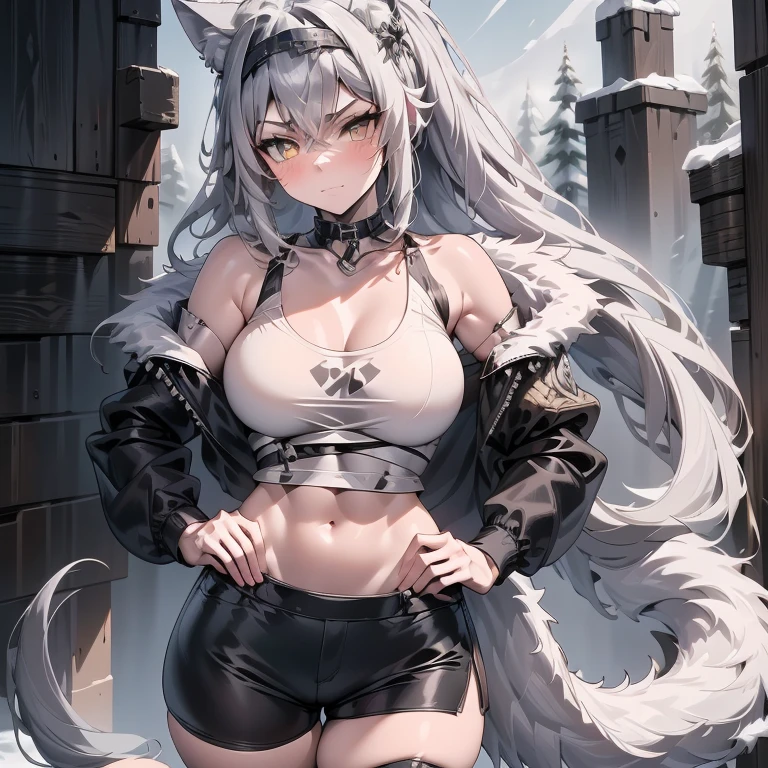 Masterpiece, slit pupils, only one girl, full body portrait, frontal angle, looking at viewer, ultra-detailed face, really talll girl, elegant and correct body proportions, perfect figure, fit body type, silver hair, symetric face, tall beautiful werewolf woman, black crop jacket, long biker shorts with chain decorations, white pale skin, smooth skin, especially detailed face, masterpiece, ultra detailed, best quality, highlydetailed face, ultra-detailed face, athletic body, pale white skin, big breasts, long hair, gray-silver hair, a young woman, wolf ears, long wolf tail, fluffy wolf tail, bright amber eyes, wolf-like irises, beautiful, enchanting, bright yellow eyes, detailed eyes, ultra-detailed eyes, accurate eyes, detailed irises, correct body proportions, elegant, small vertical scar under right eye, small rosy lips, closed mouth, cute canines, wolf fangs, pretty hands, detailed hands, slight blush, shy smile, black metal armor, black top, long black bike shorts, detached sleeves, two piece armor, metal chest armor, long black shorts, armored bike long shorts, silver armored jacket, silver metallic ornaments, toned abs, exposed belly, standing straight pose, angry blushed expression, long biker boots, hands on hips pose, straight standing pose