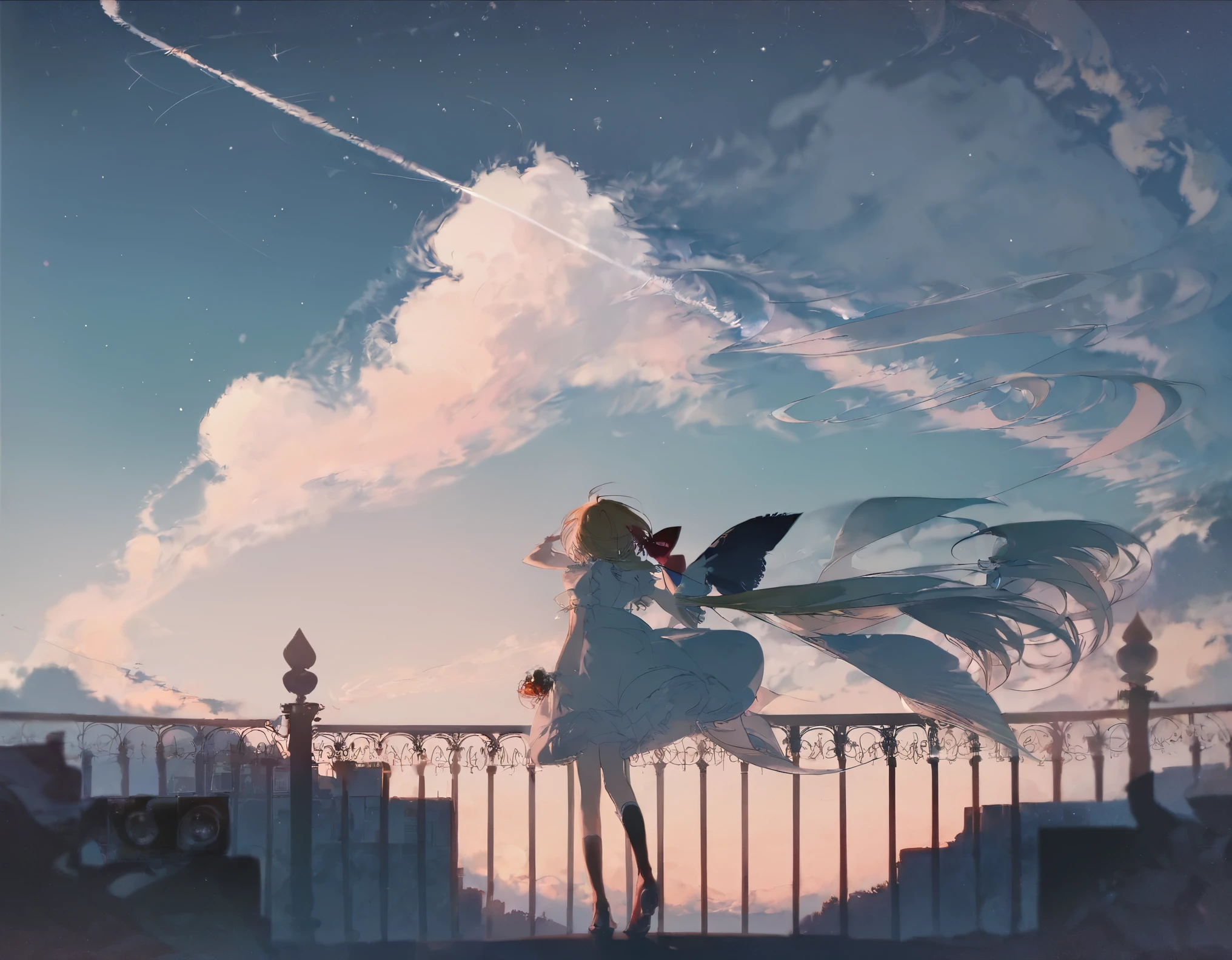 high quality, best quality, by rella, 1girl, flandre_scarlet, solo, sky, cloud, scenery, outdoors, dress, contrail, railing, day, blue sky, white dress, short sleeves, wide shot, camera, black socks, centered