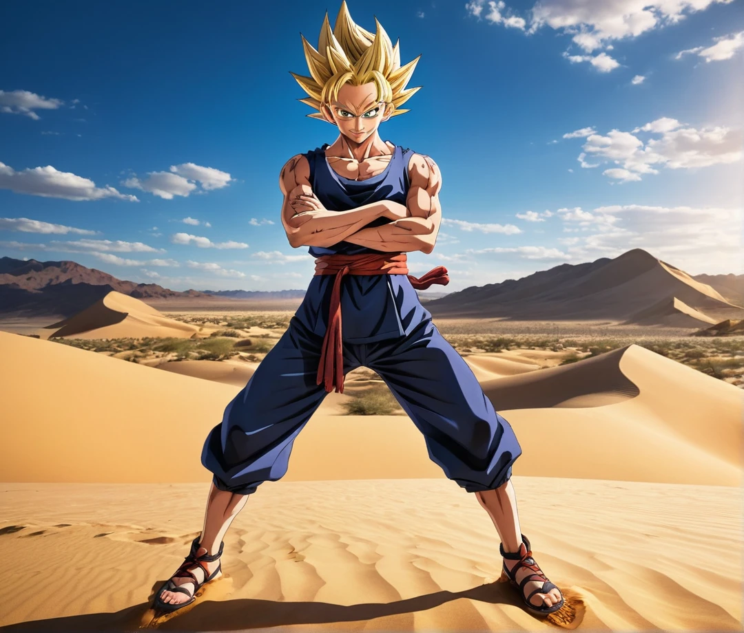 score_9, source_anime, score_8_up, score_7_up, detailed background, 1boy, solo, full body, Desert,  Majin dramatic lighting, dynamic pose, dynamic composition, action scene, action pose, crossed arms, evil smile