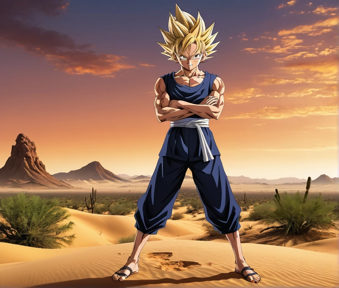 score_9, source_anime, score_8_up, score_7_up, detailed background, 1boy, solo, full body, Desert, Majin dramatic lighting, dynamic pose, dynamic composition, action scene, action pose, crossed arms, evil smile