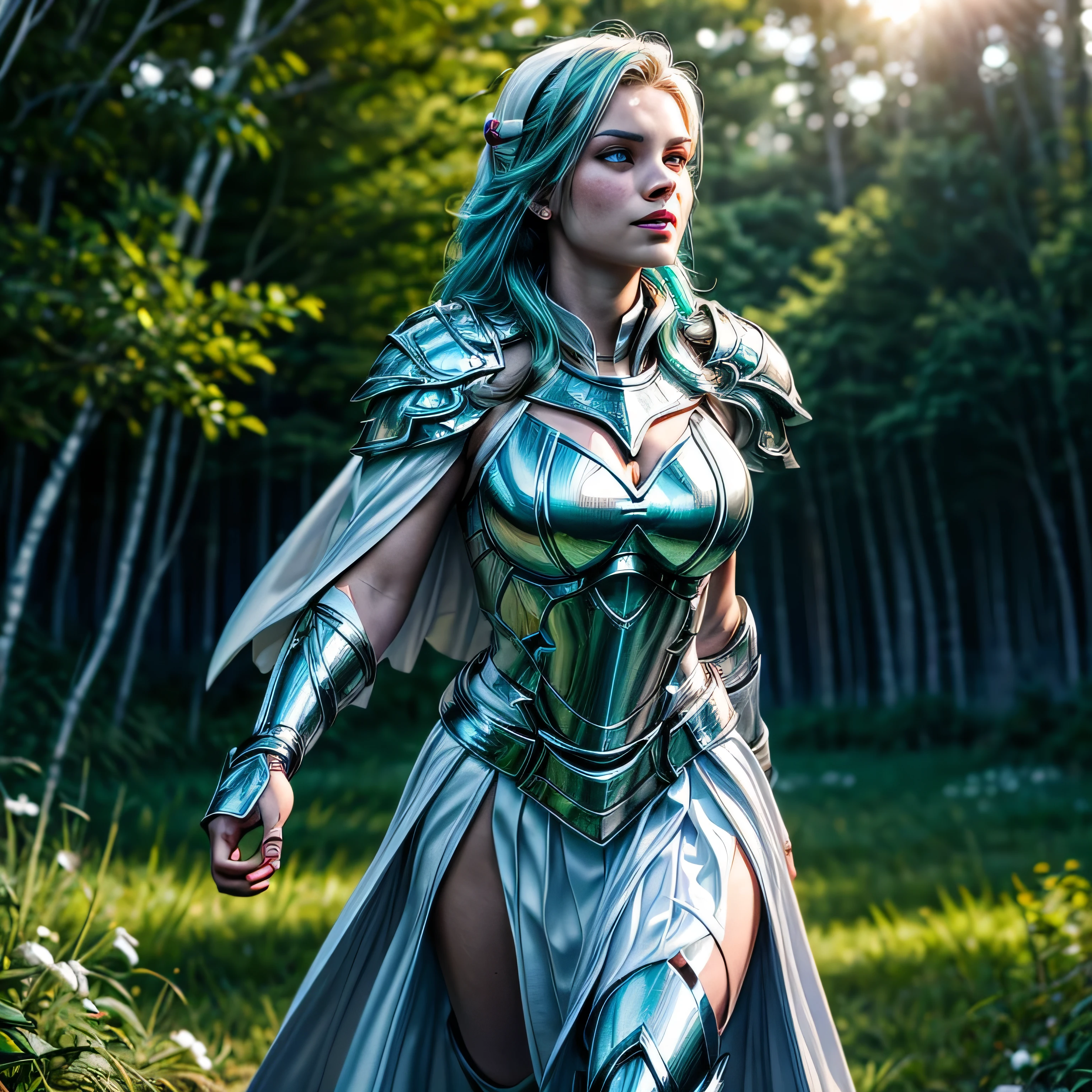 (masterpiece, photorealistic:1.4, extremely intricate:1.3), (photon mapping, radiosity, physically based rendering, ultra resolution, hyper-realistic, 8K), teenage supermodel twin braids, glowing eyes, tyrande, (((((white chrome armor, white cape, pauldrons)), running), [large breasts:medium breasts:0.3], [skin detail:freckles:0.8])), forest, background outdoor, flowers, glowing butterflies, bokeh, sunset, [aqua hair:blonde hair:0.8]