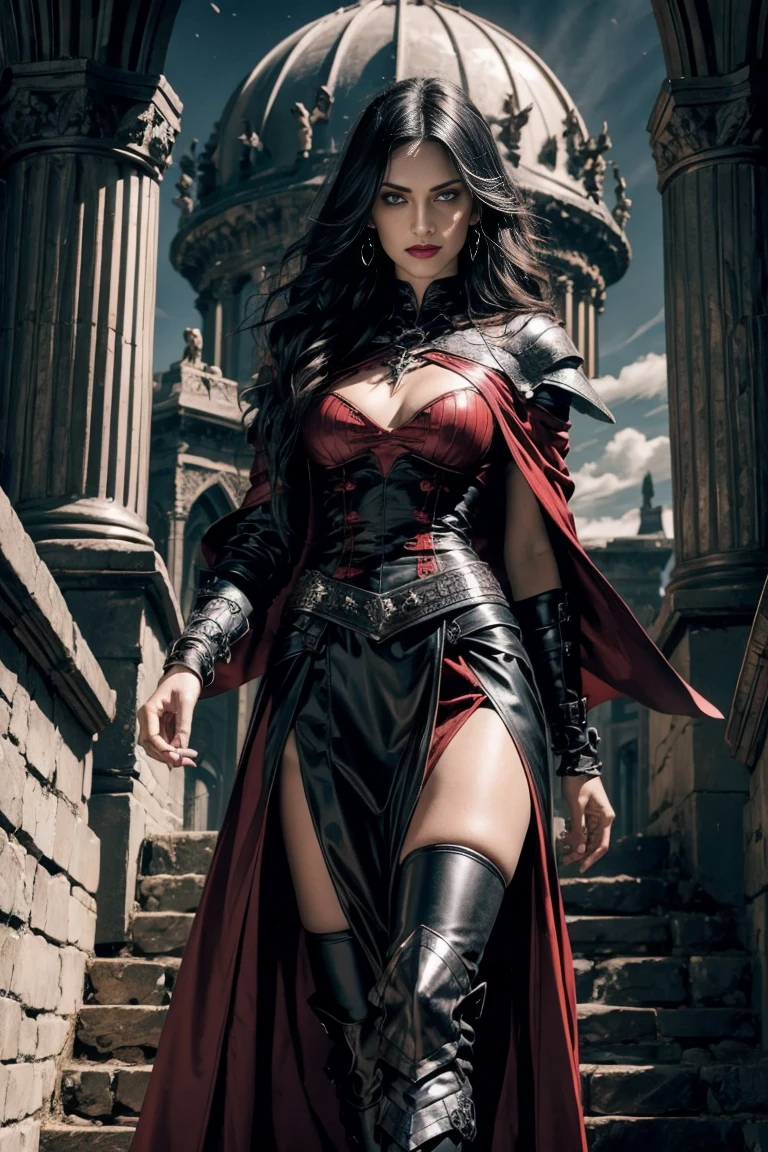 An adult vampire wizard character wearing black and red gothic armor. Your hair has a short cut. Your eyes color yellow, Magnificent, natta, Moonlight, pegue a chave, Facial expression of anger, 8K, positioned on top of a high stone, looking straight ahead, Sanctuary, Gothic city, walking down the stairs looking from above, male character, mighty, extremely detaild