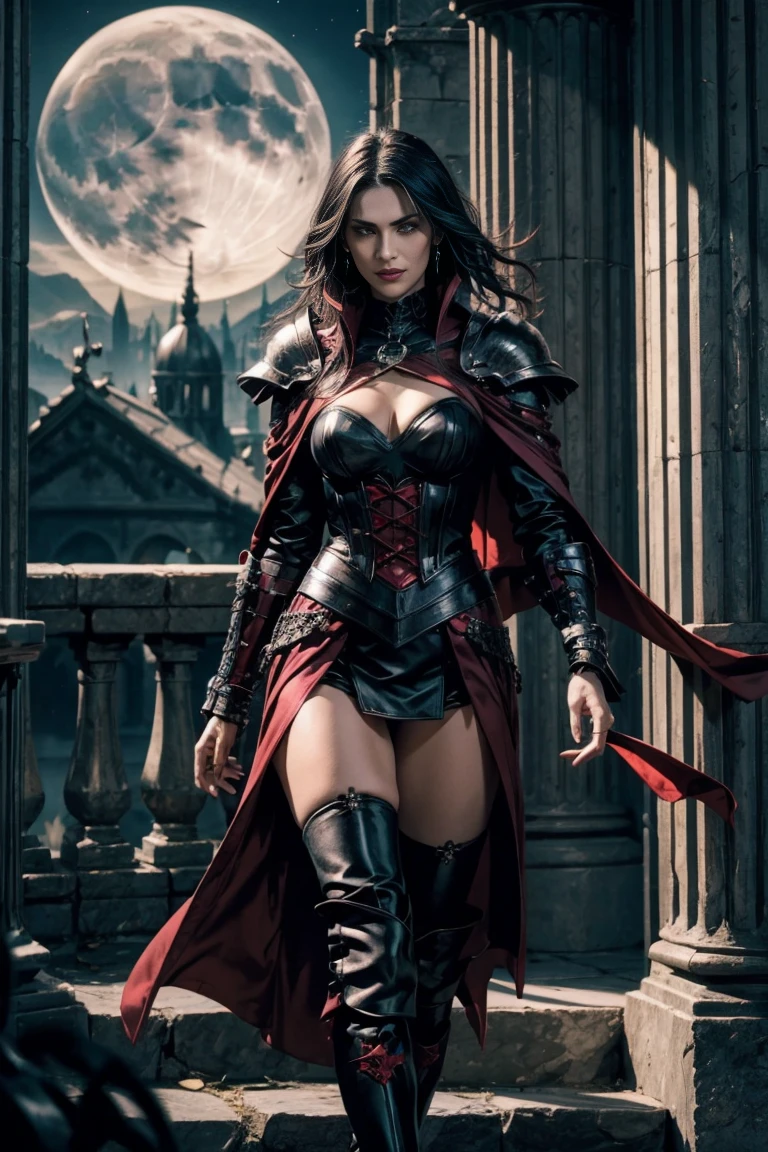 An adult vampire wizard character wearing black and red gothic armor. Your hair has a short cut. Your eyes color yellow, Magnificent, natta, Moonlight, pegue a chave, Facial expression of anger, 8K, positioned on top of a high stone, looking straight ahead, Sanctuary, Gothic city, walking down the stairs looking from above, male character, mighty, extremely detaild