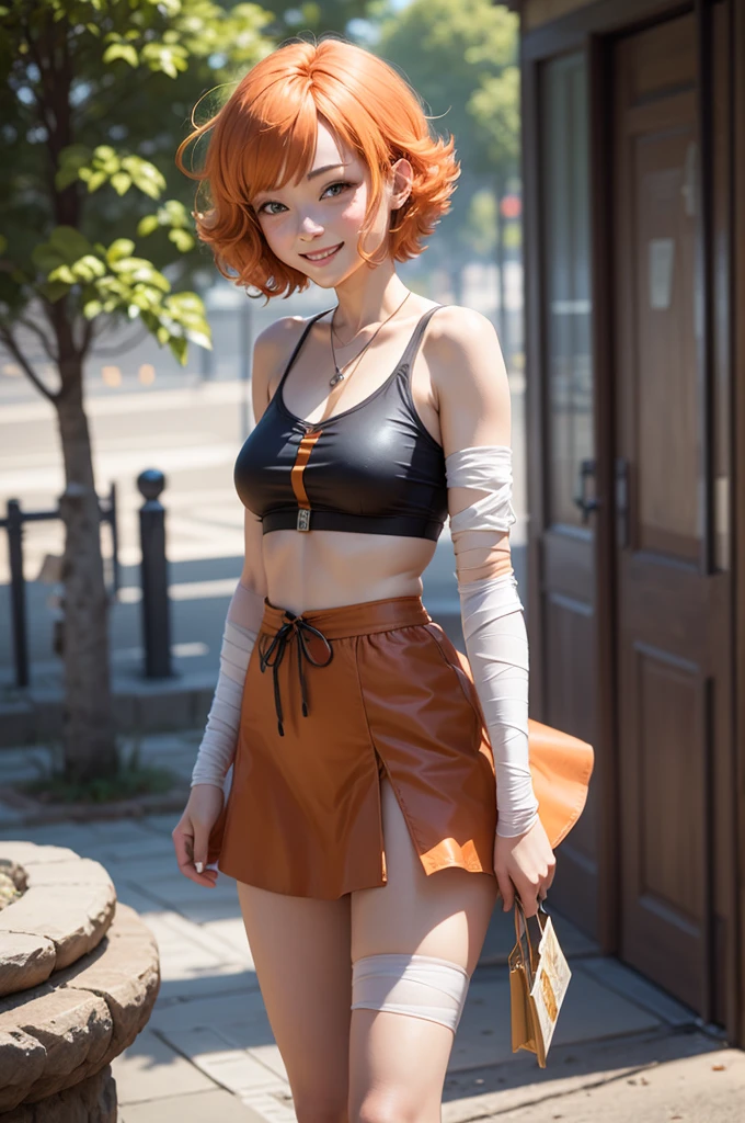 Nami short orange hair smiling and with her arm bandaged