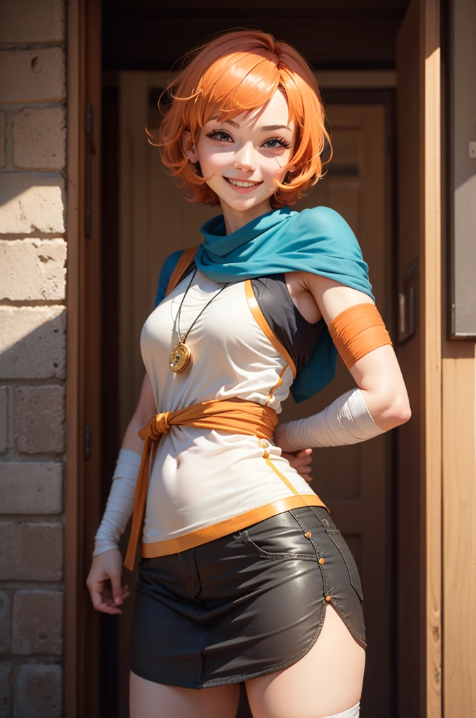 Nami short orange hair smiling and with her arm bandaged