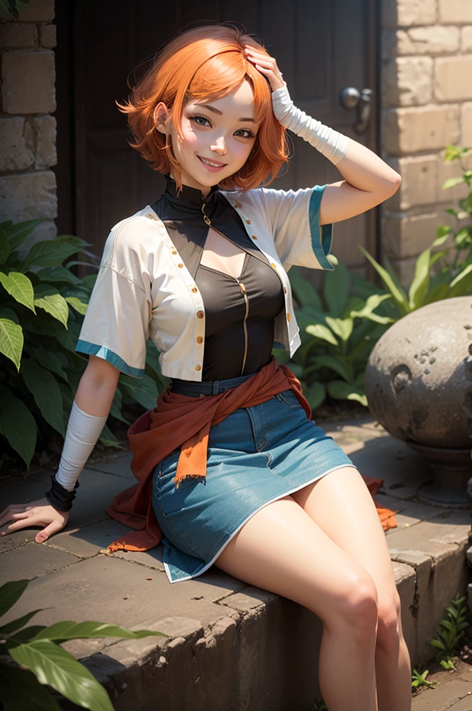 Nami short orange hair smiling and with her arm bandaged