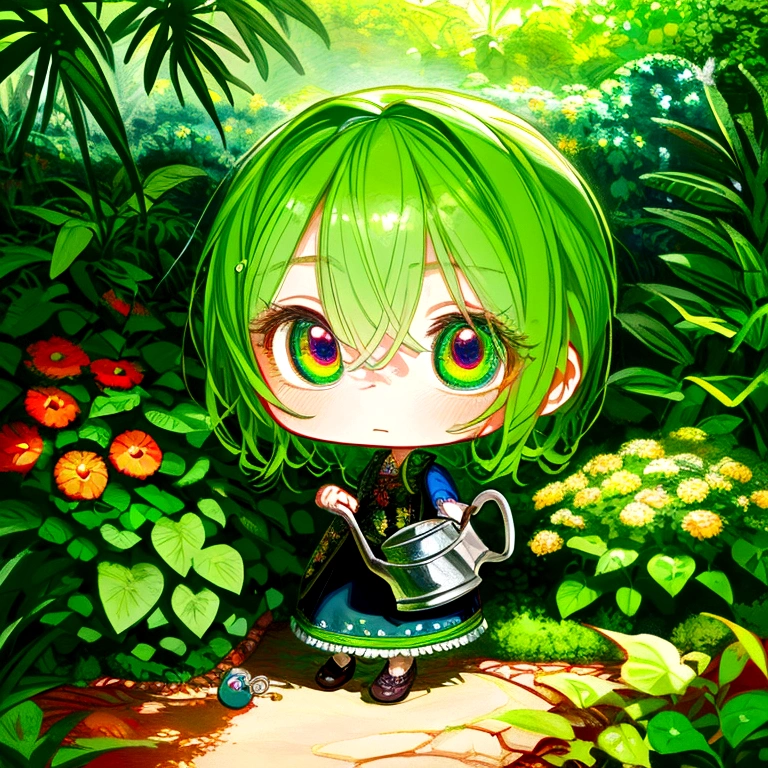 chibi, zombie, watering can, plants, wide shot, full body, detailed portrait, beautiful detailed eyes, extremely detailed face, colorful garden, vibrant colors, warm lighting, digital painting, 8k, hyperrealistic, cinematic, intricate details, masterpiece, anime screencap, 