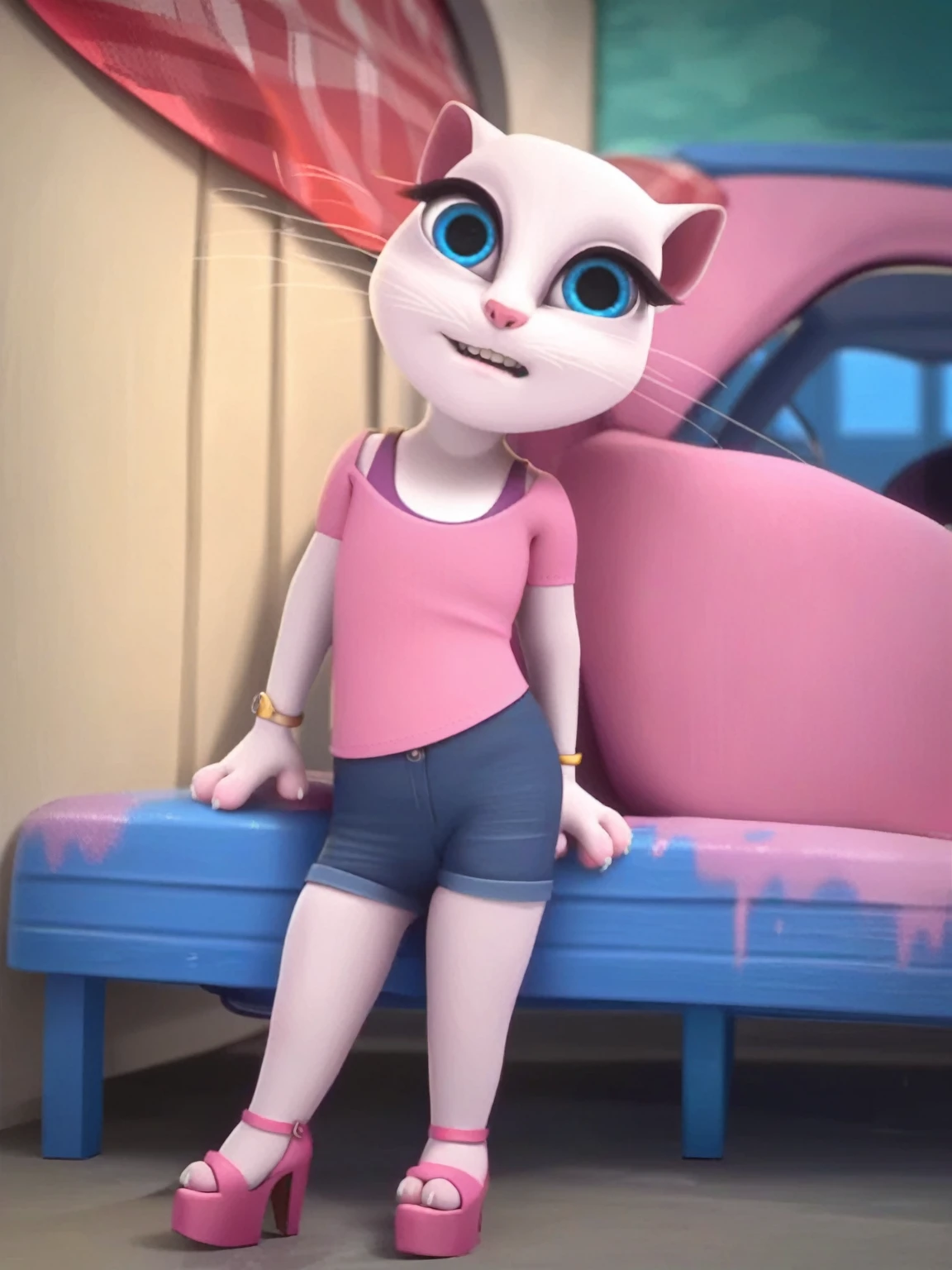 solo focus, a_la, 1girl, cat, white fur, long whiskers on both sides of the face, big bright blue eyes, big black eyelashes, small pink nose, triangular ears with pink channels, small breasts, looking at the viewer, sitting on penis, front view, fuck with legs together, platform high heels, score_9, score_8_up, score_7_up