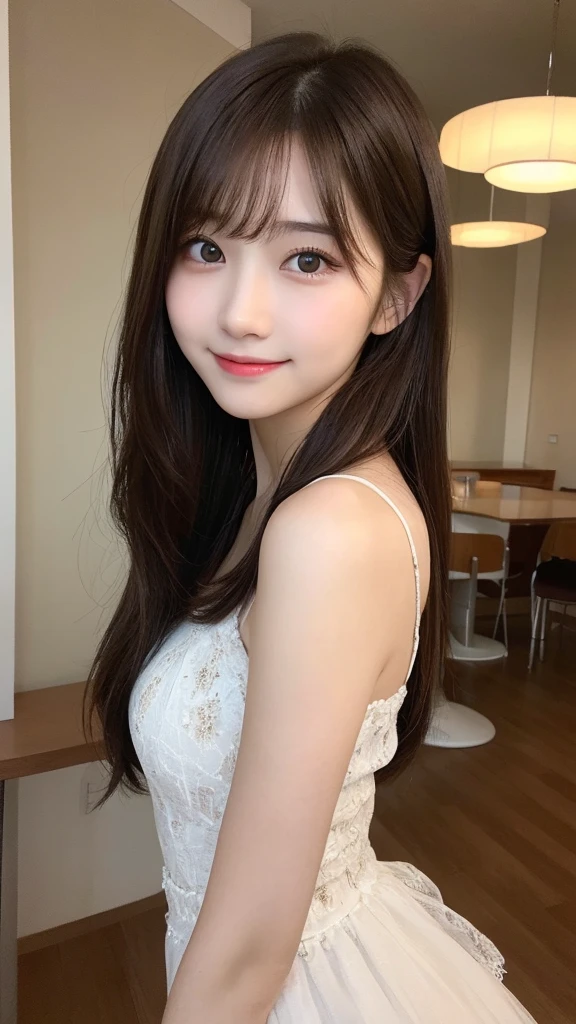 Tabletop, Highest quality, shape, Very detailed, finely, High resolution, 16K, Perfect dynamic composition, Straight hair, Medium Hair, Brown Hair,Natural color lip, smile, 20歳のgirl、cute、beautiful、完璧でbeautiful顔, beautiful , Slim face and body, Elegant face, KPOP idol faces、Japanese idol faces、Small face、Big eyes, Brown eyes, Droopy eyes, 緻密でbeautiful目, girl, Front face, Upper Body, Random outfit