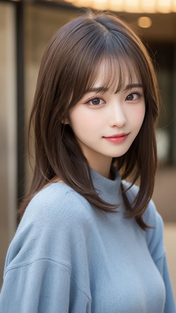 Tabletop, Highest quality, shape, Very detailed, finely, High resolution, 16K, Perfect dynamic composition, Straight hair, Medium Hair, Brown Hair,Natural color lip, smile, 20歳のgirl、cute、beautiful、完璧でbeautiful顔, beautiful , Slim face and body, Elegant face, KPOP idol faces、Japanese idol faces、Small face、Big eyes, Brown eyes, Droopy eyes, 緻密でbeautiful目, girl, Front face, Upper Body, Random outfit