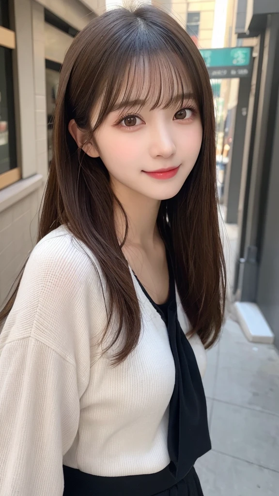 Tabletop, Highest quality, shape, Very detailed, finely, High resolution, 16K, Perfect dynamic composition, Straight hair, Medium Hair, Brown Hair,Natural color lip, smile, 20歳のgirl、cute、beautiful、完璧でbeautiful顔, beautiful , Slim face and body, Elegant face, KPOP idol faces、Japanese idol faces、Small face、Big eyes, Brown eyes, Droopy eyes, 緻密でbeautiful目, girl, Front face, Upper Body, Random outfit