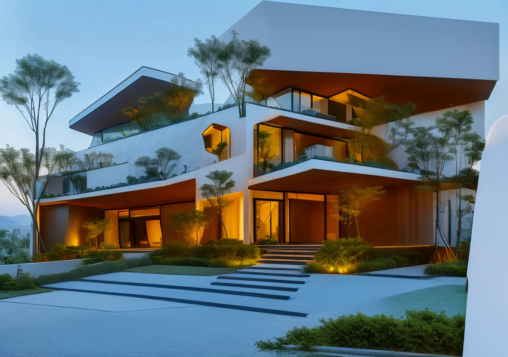 3D render of a beautiful house, Dark, gray tones, white wall. lumion render, night time render, insanely detailed rendering, realistic architecture, architectural visualization. The house is adorned with elegant lighting and plants to enhance its exterior appearance in a Vietnam city street. The staircase leading into the house is tiled with black marble and has bright LED lights. Behind are hills and mountains with clear blue sky. balcony with green plants. The main door is made of black aluminum and glass reaching up to the ceiling. Looking through the glass windows to look inside the house with luxurious interiors with luxurious and warm lights, interior lighting rendering and lighting effects. marble and wood and glass, dark and modern, luxcore render, taken with professional photography techniques, using a wide angle lens with bright natural light and high resolution details, in the style of professional photograph, hyper realistic, highly detailed.