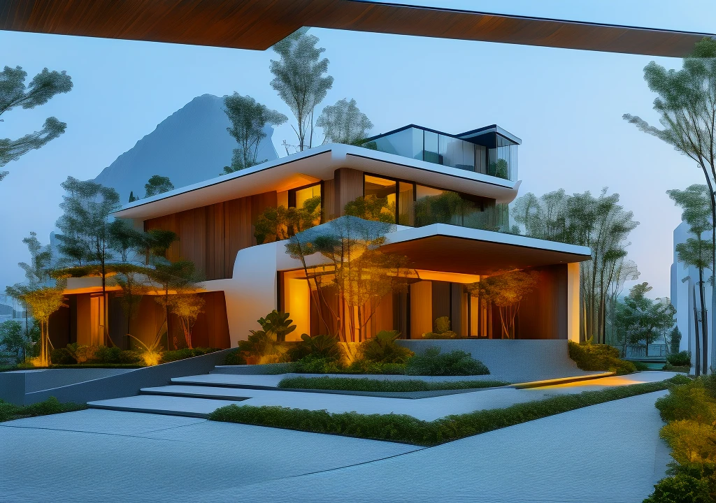 3D render of a beautiful house, Dark, gray tones, white wall. lumion render, night time render, insanely detailed rendering, realistic architecture, architectural visualization. The house is adorned with elegant lighting and plants to enhance its exterior appearance in a Vietnam city street. The staircase leading into the house is tiled with black marble and has bright LED lights. Behind are hills and mountains with clear blue sky. balcony with green plants. The main door is made of black aluminum and glass reaching up to the ceiling. Looking through the glass windows to look inside the house with luxurious interiors with luxurious and warm lights, interior lighting rendering and lighting effects. marble and wood and glass, dark and modern, luxcore render, taken with professional photography techniques, using a wide angle lens with bright natural light and high resolution details, in the style of professional photograph, hyper realistic, highly detailed.