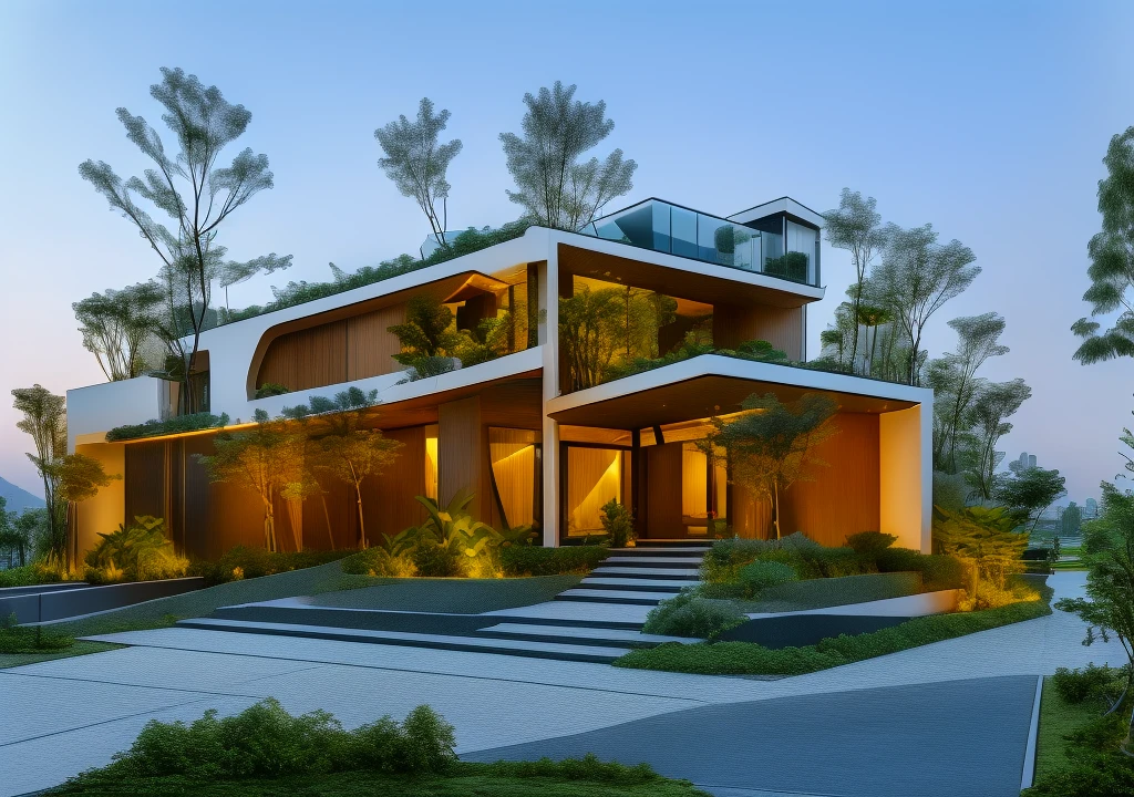 3D render of a beautiful house, Dark, gray tones, white wall. lumion render, night time render, insanely detailed rendering, realistic architecture, architectural visualization. The house is adorned with elegant lighting and plants to enhance its exterior appearance in a Vietnam city street. The staircase leading into the house is tiled with black marble and has bright LED lights. Behind are hills and mountains with clear blue sky. balcony with green plants. The main door is made of black aluminum and glass reaching up to the ceiling. Looking through the glass windows to look inside the house with luxurious interiors with luxurious and warm lights, interior lighting rendering and lighting effects. marble and wood and glass, dark and modern, luxcore render, taken with professional photography techniques, using a wide angle lens with bright natural light and high resolution details, in the style of professional photograph, hyper realistic, highly detailed.